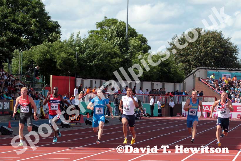 From left to right: Martin Keller (Germany), Jaysuma Saidy Ndure (Norway), Michael Tumi (Italy), Jimmy Vicaut (France), Igor Bodrov (UKraine) and Richard Kilty (GB) in the 100 metres at the European Athletics Team Championships.